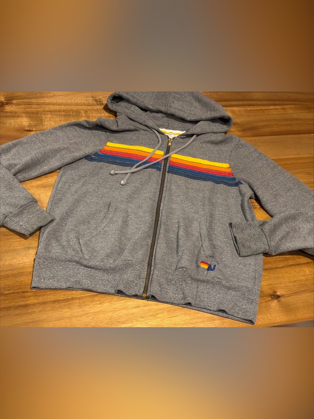 Aviator Nation 5-Stripe Classic Zip Hoodie Heather Grey Rainbow Logo Retro Small